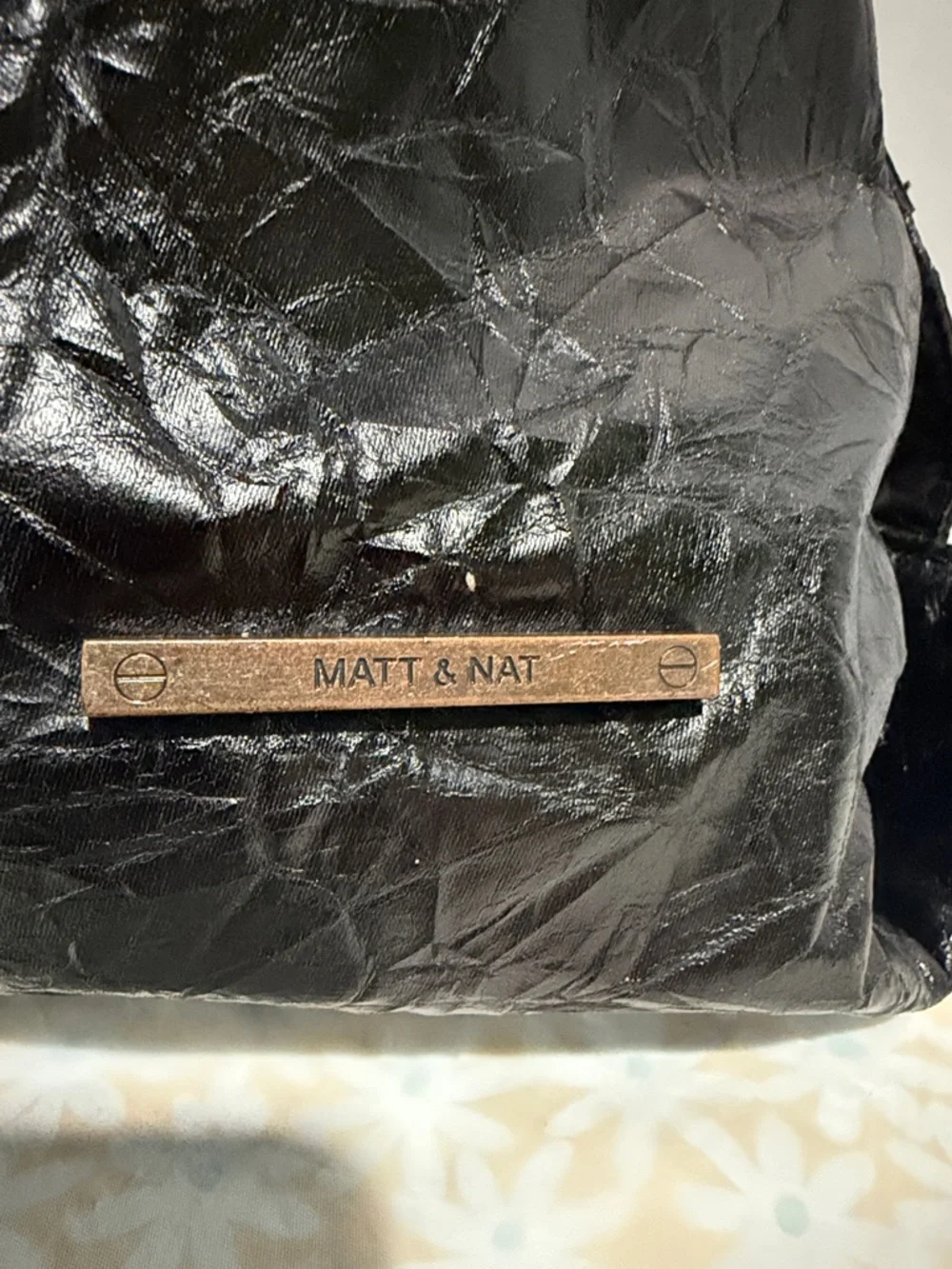 Black‎ Faux Leather Textured Hobo Bag with Gold Accents